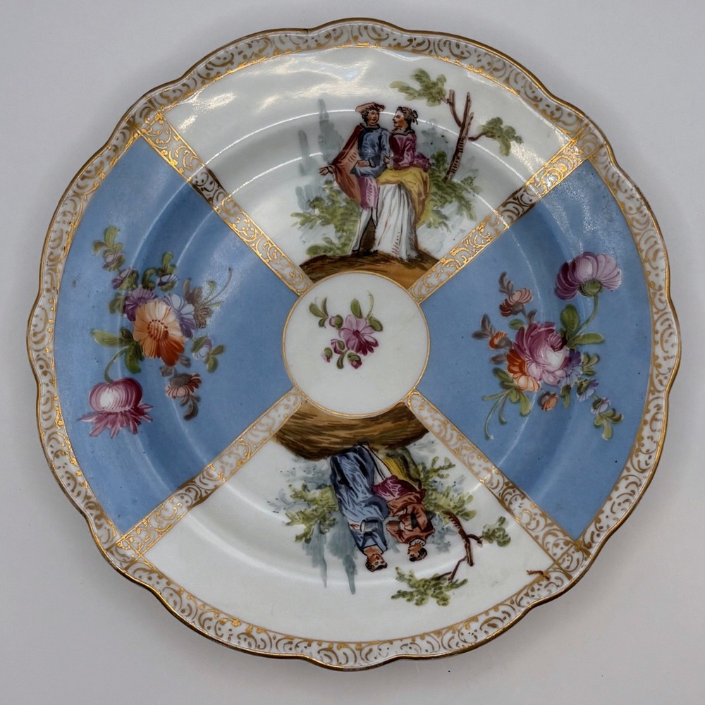 Carl Thieme Dresden Potschappel Plate Quatrefoil Courting Scene Crown SP Flawed
